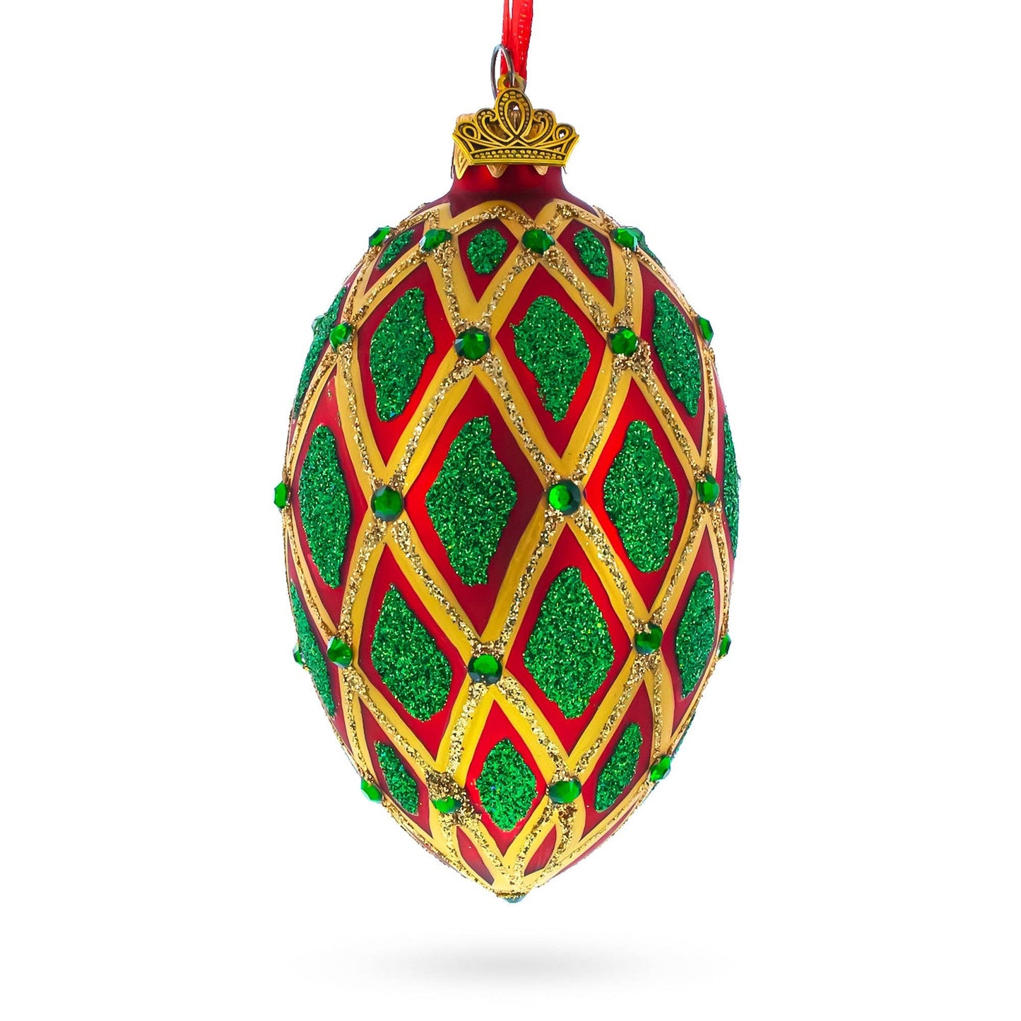 BestPysanky - Jeweled Green IKAT on Red Glass Egg Ornament