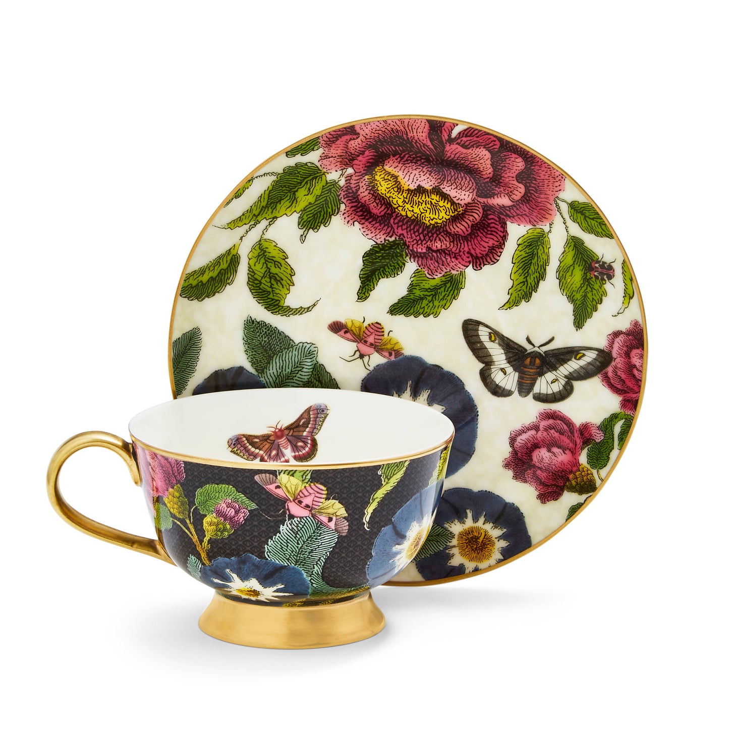 Spode - Creatures of Curiosity Dark Floral Coupe Teacup and Saucer: (Black/White)