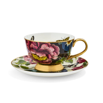 Spode - Creatures of Curiosity Dark Floral Coupe Teacup and Saucer: (Black/White)