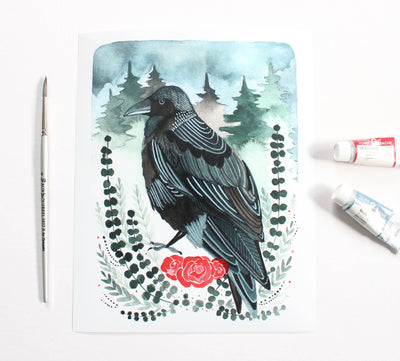 michele maule - 8x10" Crow with Roses Art Print