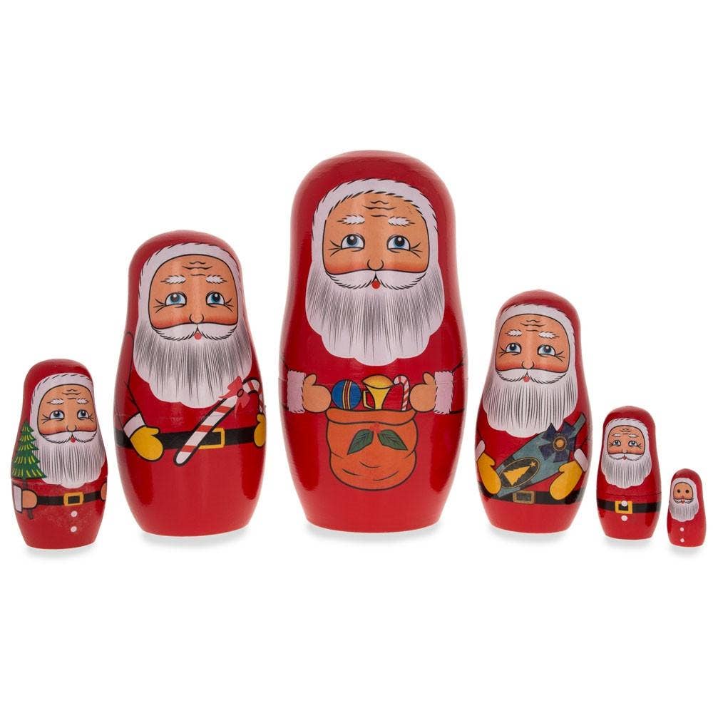 BestPysanky - 6 Santa with Christmas Gifts Wooden Nesting Dolls 5.5 Inches