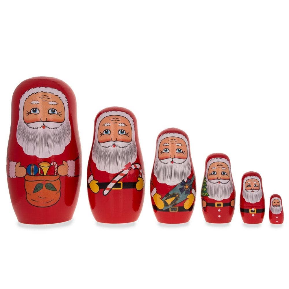 BestPysanky - 6 Santa with Christmas Gifts Wooden Nesting Dolls 5.5 Inches