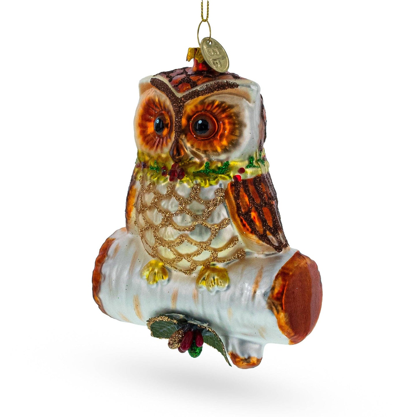 BestPysanky - Wise Owl Perched on Branch Blown Glass Ornament