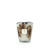 Baobab Collection Anangu scented candle in hand-blown glass with brown motifs on powder-grey background.