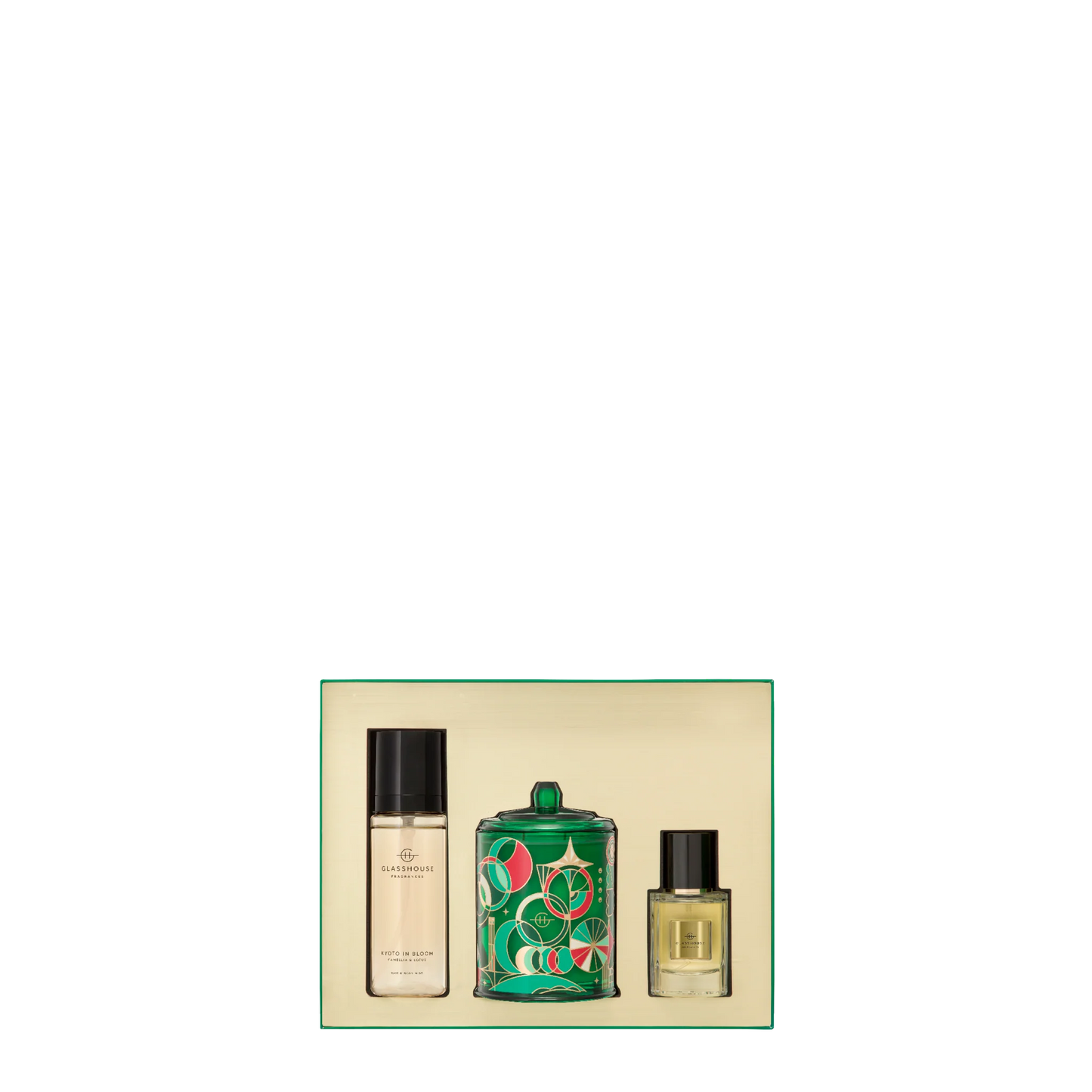 GLASSHOUSE FRAGRANCES - Fragrance Trio Gift Set - 200g Candle, 30ml EDP & 100ml Hair & Body Mist - Christmas - Kyoto in Bloo