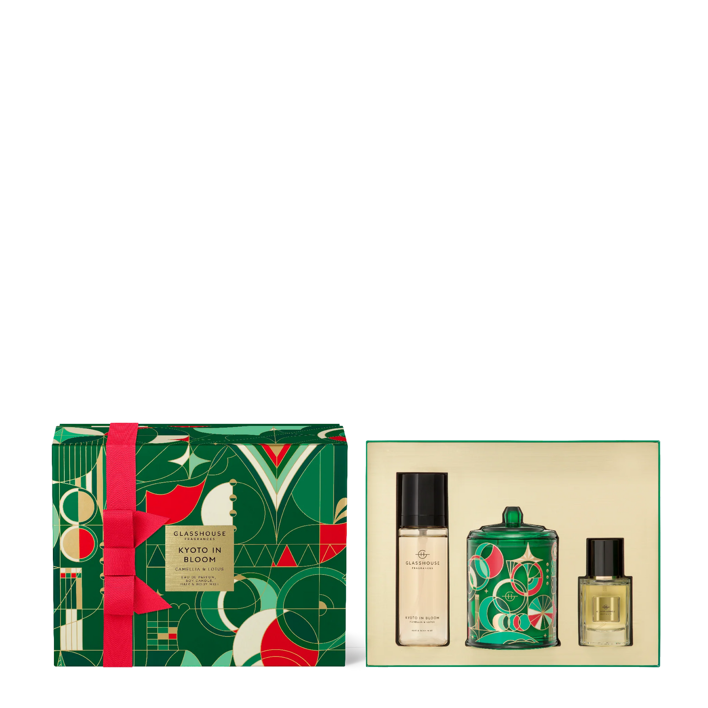 GLASSHOUSE FRAGRANCES - Fragrance Trio Gift Set - 200g Candle, 30ml EDP & 100ml Hair & Body Mist - Christmas - Kyoto in Bloo