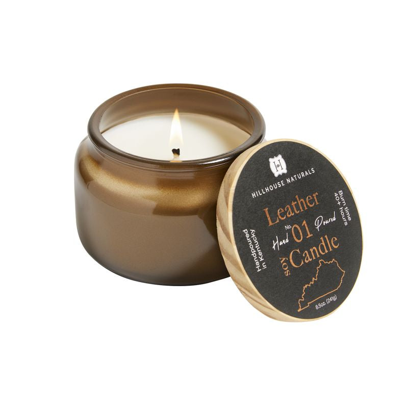 Hillhouse Naturals - LEATHER 1 WICK CANDLE IN BROWN JAR W/WOODEN LID 8.5oz