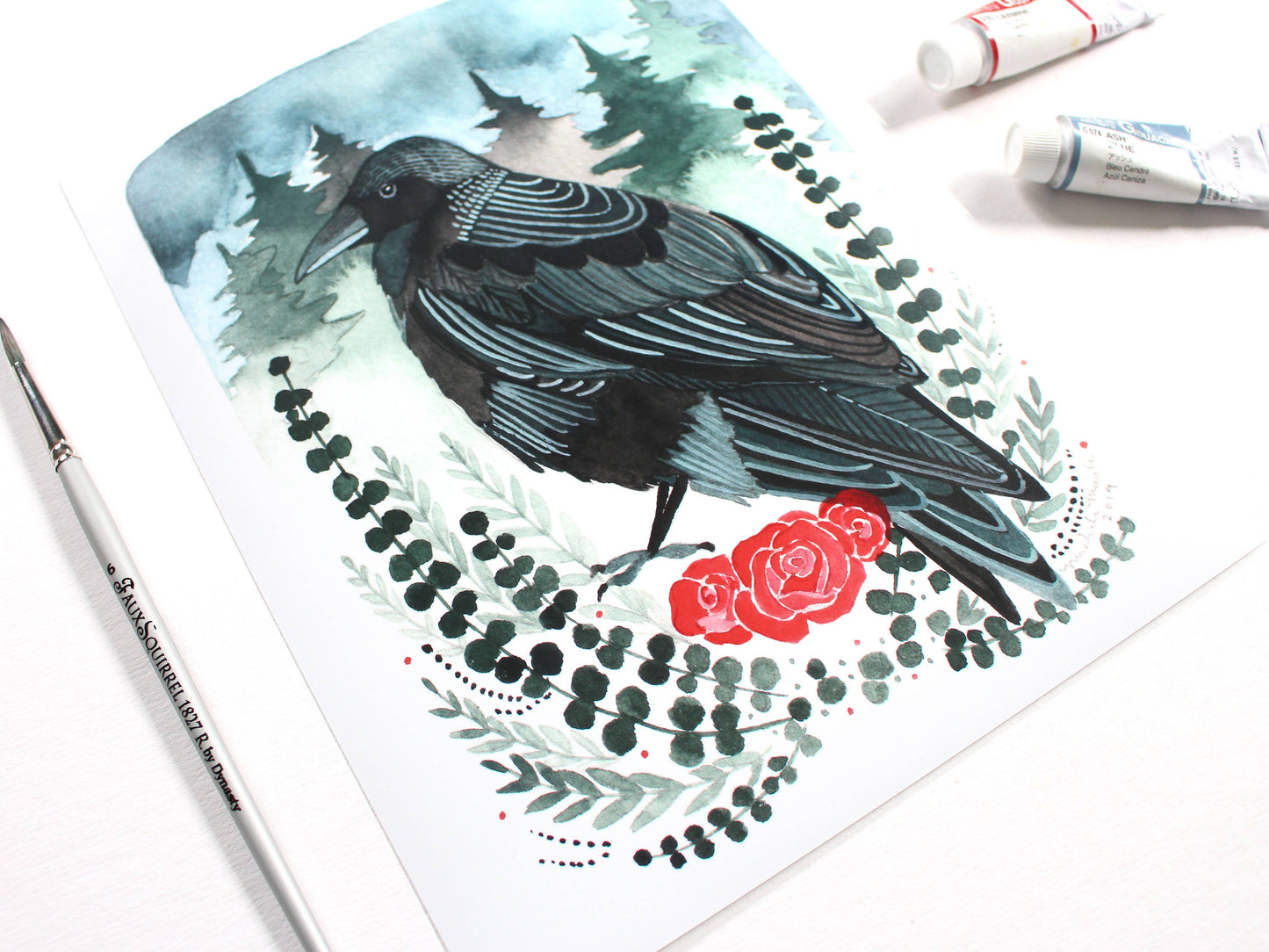 michele maule - 8x10" Crow with Roses Art Print