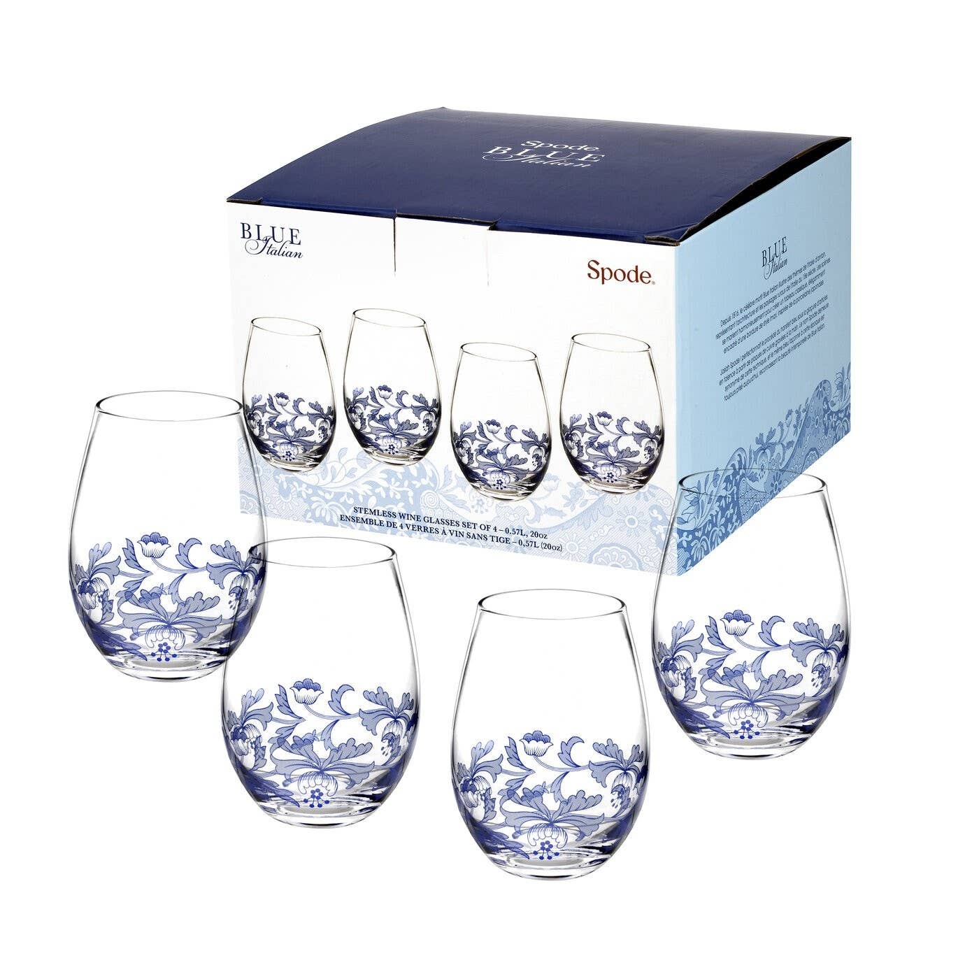 Portmeirion, Spode, Pimpernel, Wrendale Designs - Spode Blue Italian 19oz Stemless Glasses Set of 4