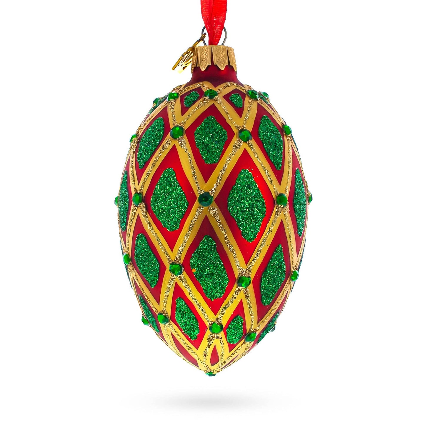 BestPysanky - Jeweled Green IKAT on Red Glass Egg Ornament