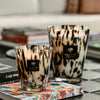 Elegant Baobab Collection candles in unique glass holders, displayed on a coffee table with colorful books.