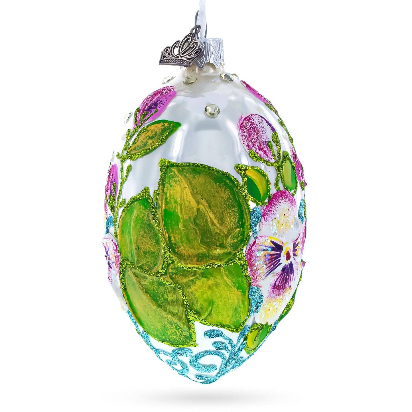 BestPysanky - Flowers on White Glass Egg Ornament