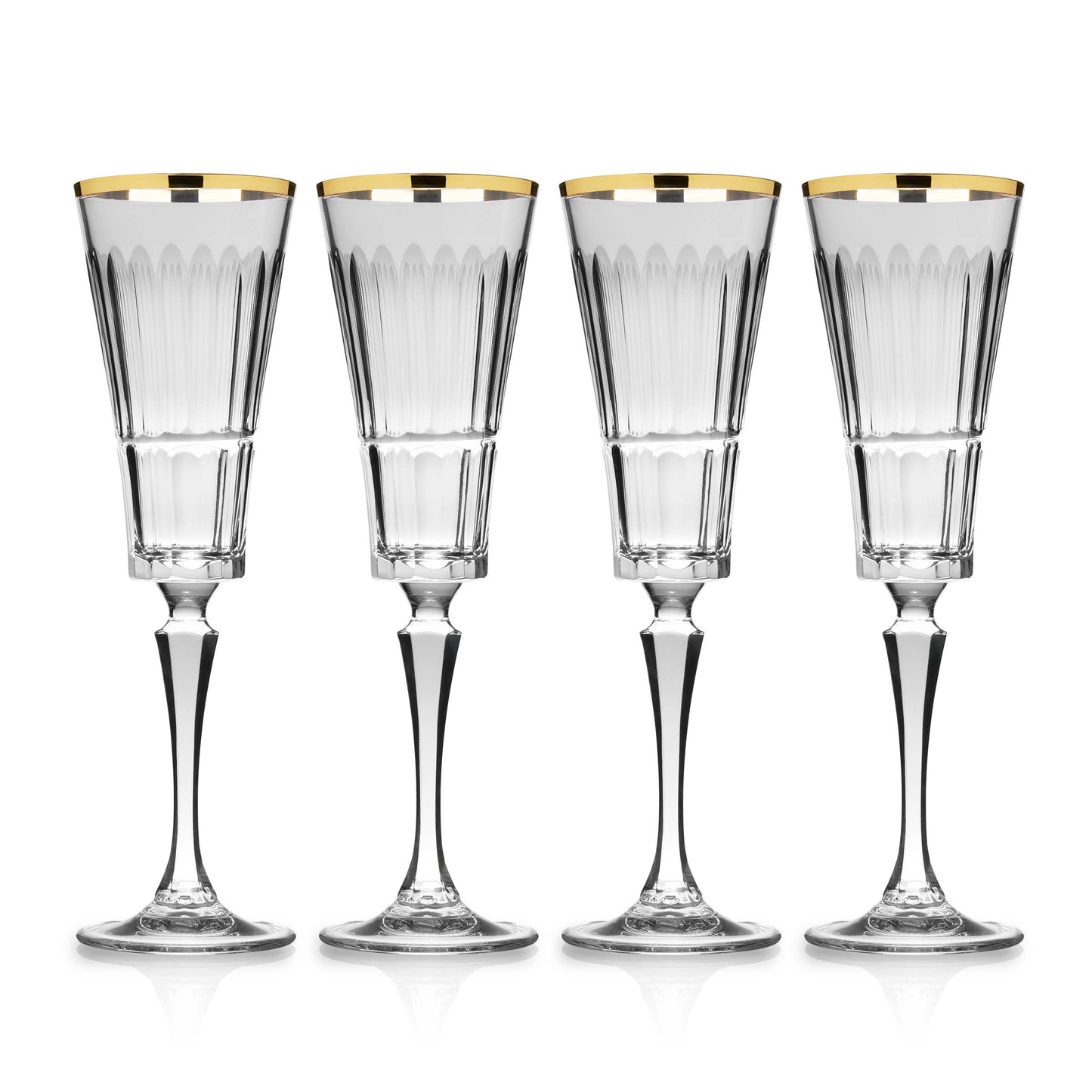 Godinger - Set of Four Italian Crystal Champagne Flute - Gold Rim