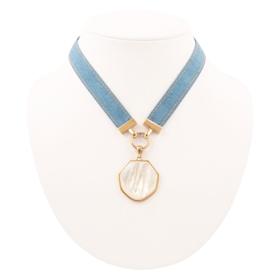 Blue Denim Dreams White Mother of Pearl Ribbon Necklace