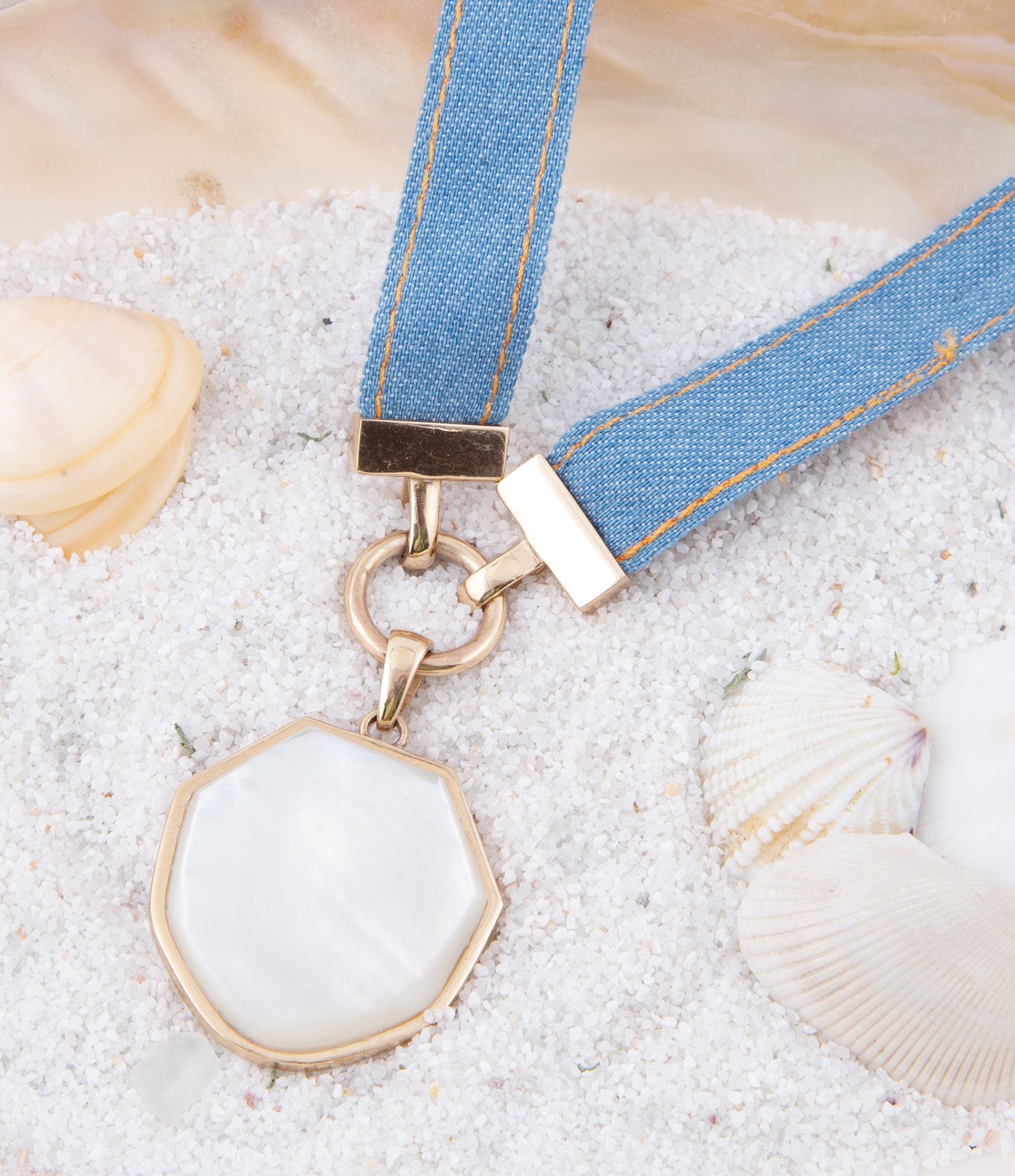 Blue Denim Dreams White Mother of Pearl Ribbon Necklace