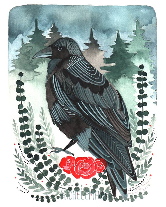 michele maule - 8x10" Crow with Roses Art Print