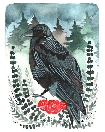 michele maule - 8x10" Crow with Roses Art Print